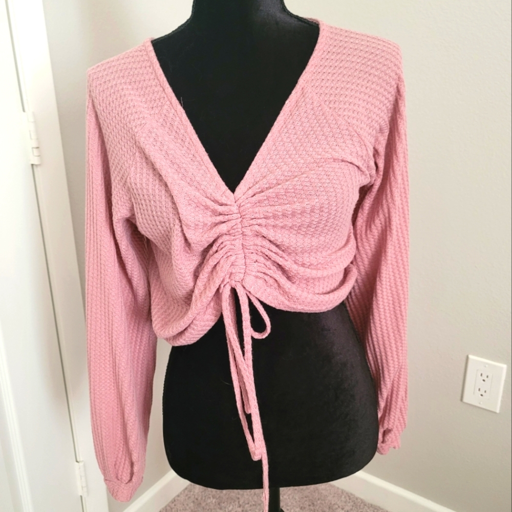 Pink Long Sleeve Cropped Waffle Knit Top Size Large